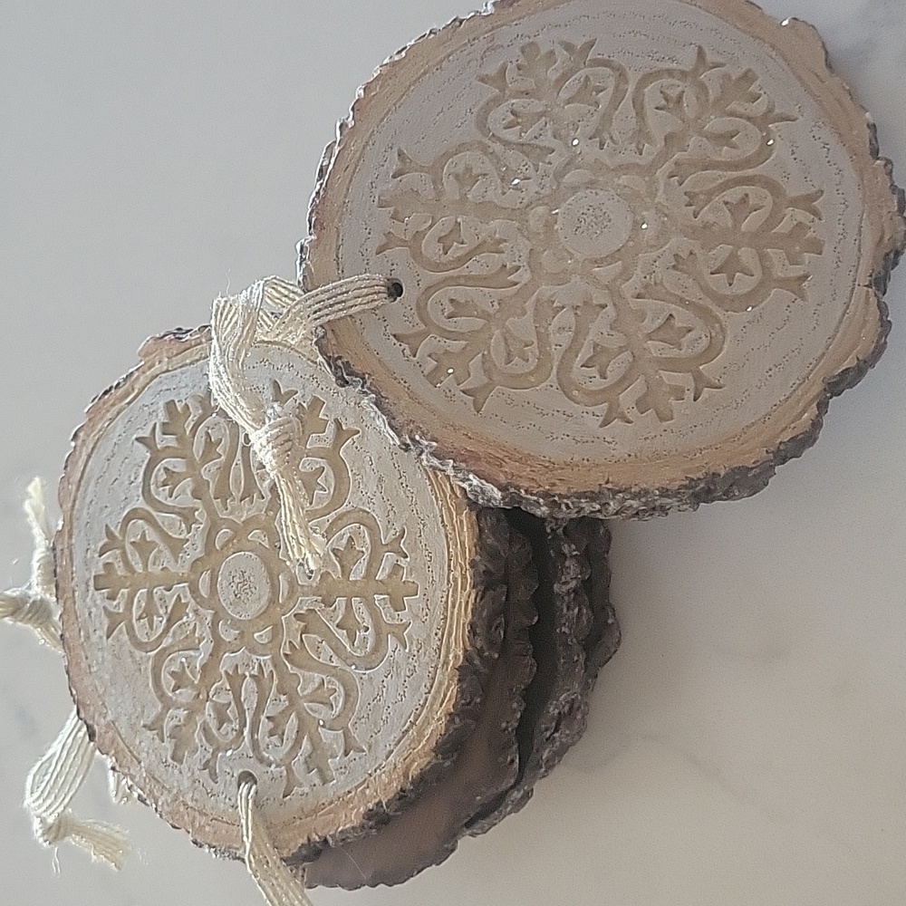 Rustic Sliced Wood look  Ornaments with Snowflake Design